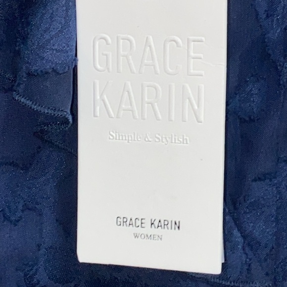 NWT GRACE KARIN WO SIZE XL NAVY BLUE BELTED FLORALDESIGN RUFFLES FAUX WRAP DRESS - Picture 4 of 13